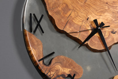 Stilvolle Handgefertigte XXL Epoxidharz Uhr Olivenbaum Wanduhr Epoxy Analog Uhr