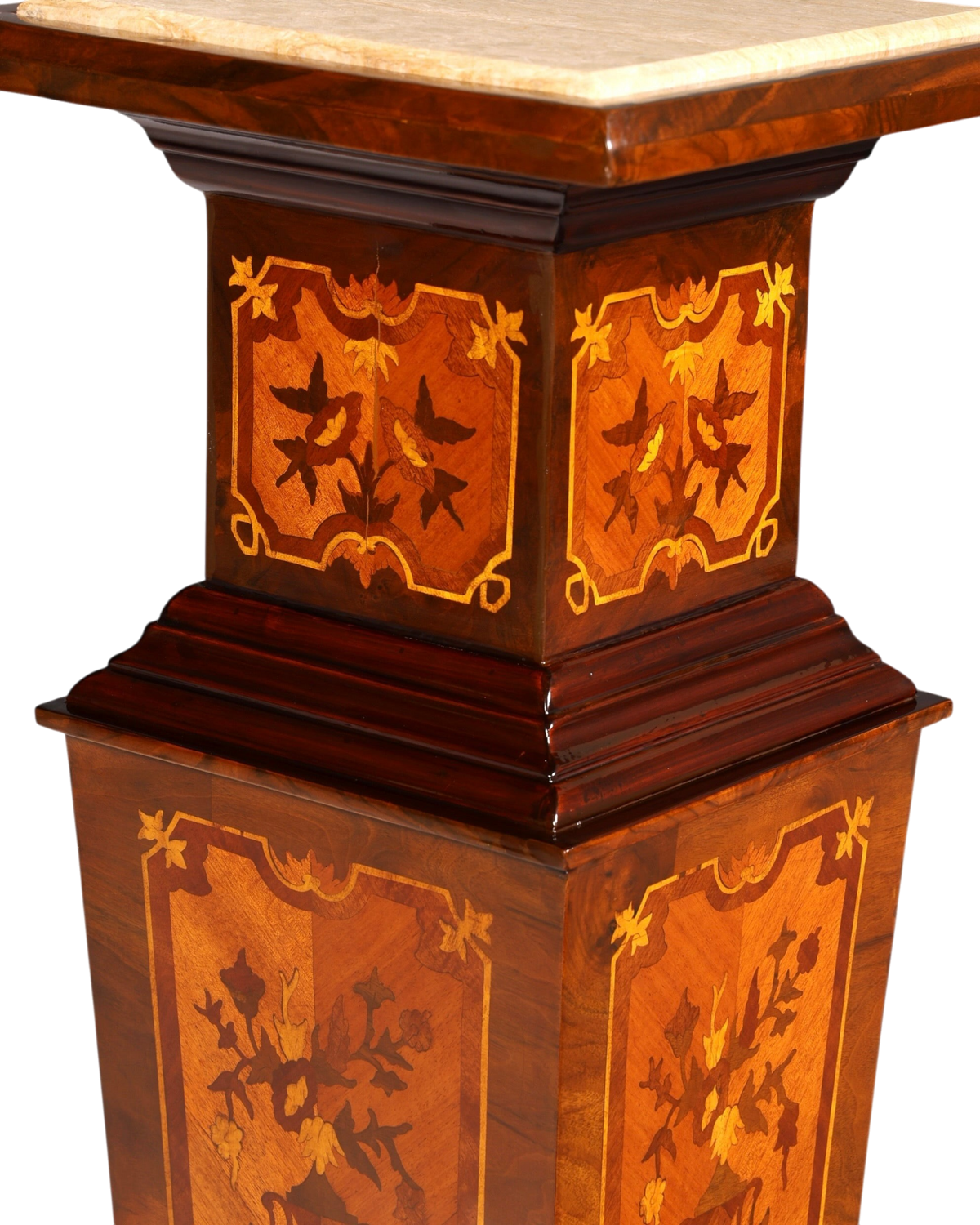 Hauptstadt Möblerei Barock Säule im Louis XV Stil aus Holz mit Marmorplatte und kunstvollen Naturstein-Intarsien