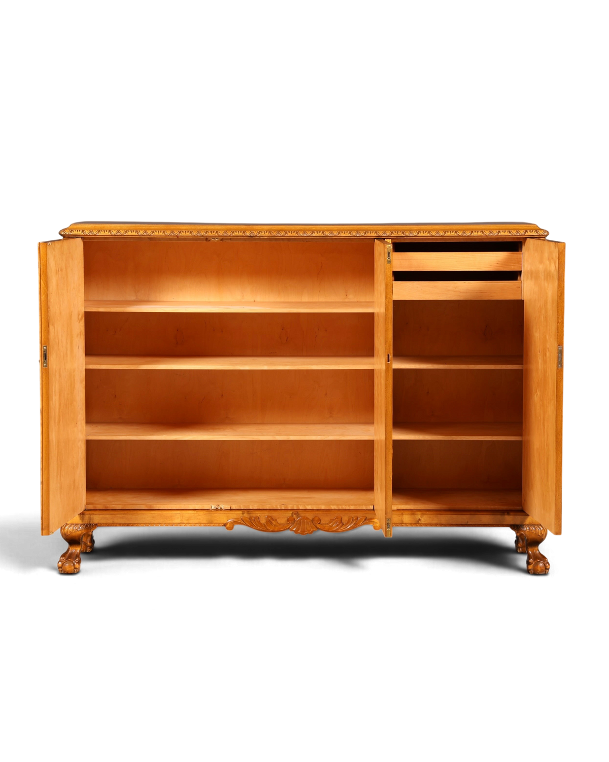 Hauptstadt Möblerei Chippendale Highboard aus massivem Holz mit offenen Türen, Regalböden und Schublade im Barock-Stil