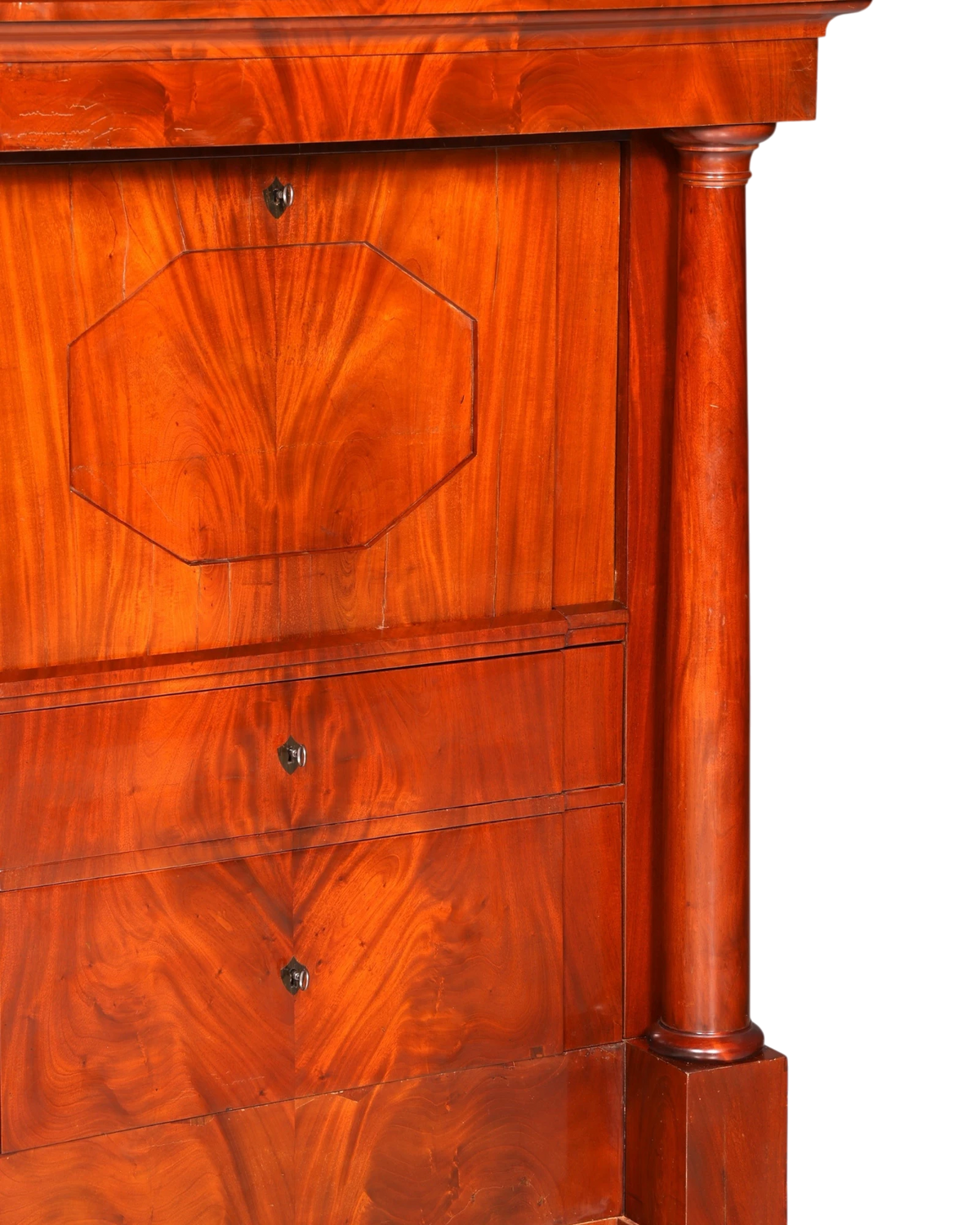 Hauptstadt Möblerei Biedermeier sekreter 1860 antik ahşap büro komodini sütun detaylı ve zengin ahşap damarlı