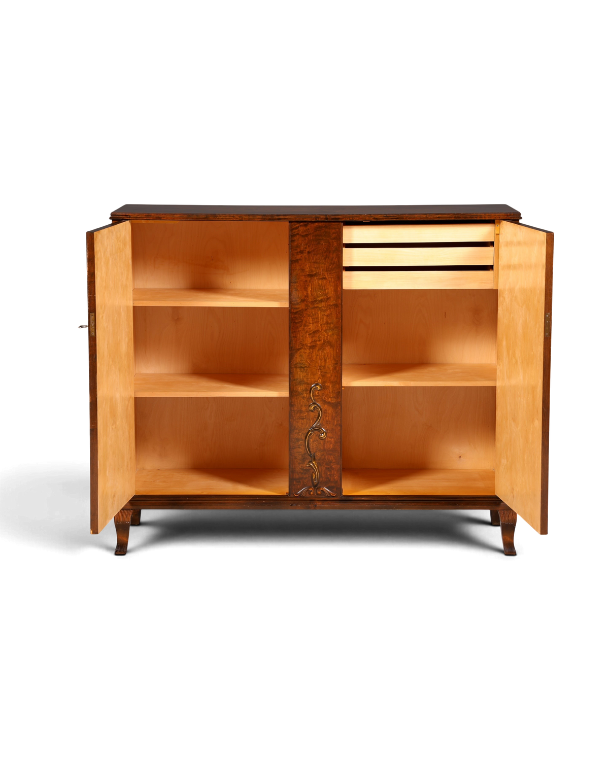 Hauptstadt Möblerei Art Deco Schrank aus massivem Holz mit offener Front, Regalböden und Schubladen um 1930