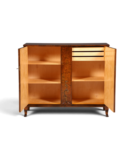Hauptstadt Möblerei Art Deco Schrank aus massivem Holz mit offener Front, Regalböden und Schubladen um 1930