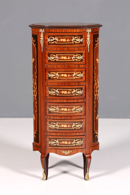 Beautiful oval Baroque style chest of drawers, vertico with inlaid details, 7 drawers
