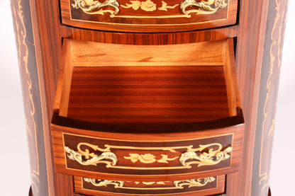 Beautiful oval Baroque style chest of drawers, vertico with inlaid details, 7 drawers