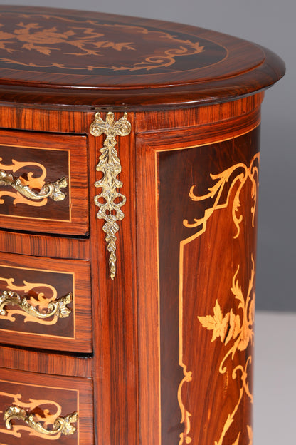 Beautiful oval Baroque style chest of drawers, vertico with inlaid details, 7 drawers