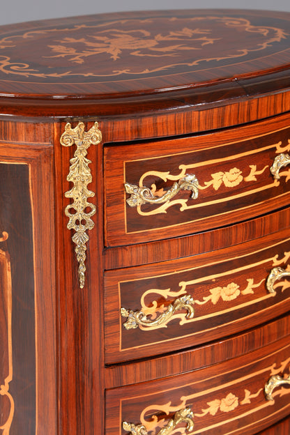 Beautiful oval Baroque style chest of drawers, vertico with inlaid details, 7 drawers