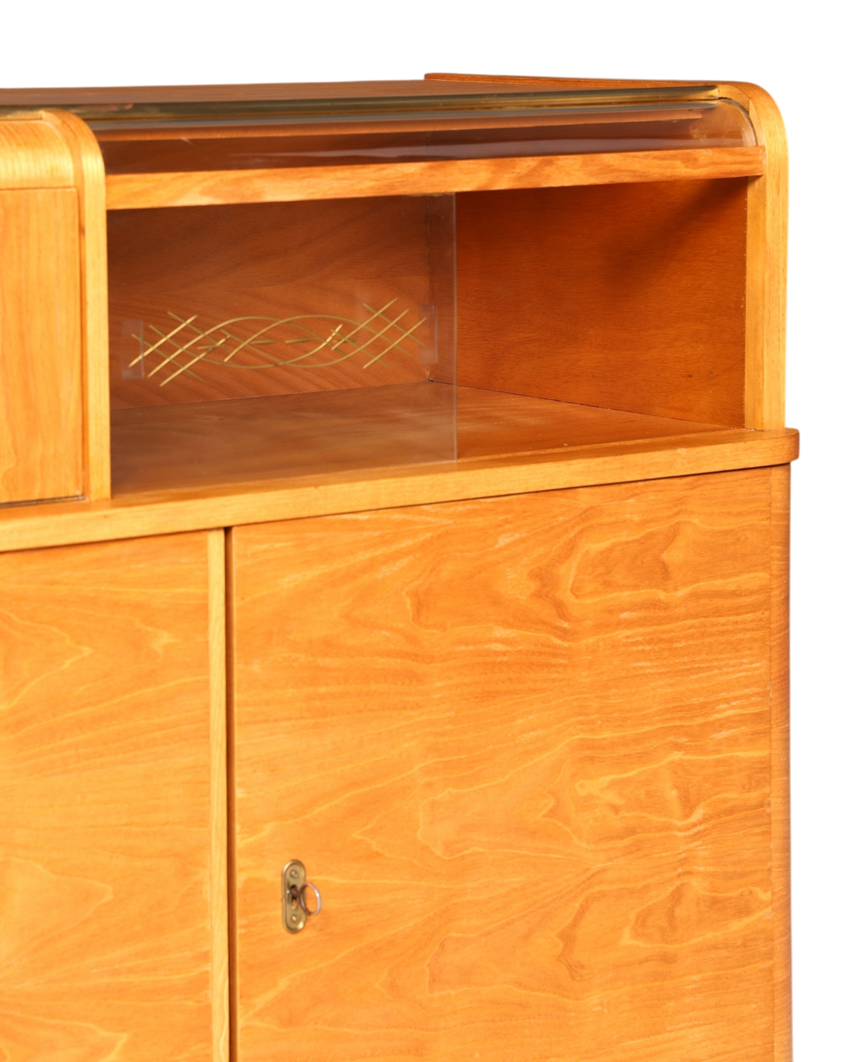 Hauptstadt Möblerei Mid Century Kommode aus Teakholz mit Art Deco Details und offenem Fach im 60er Jahre Design