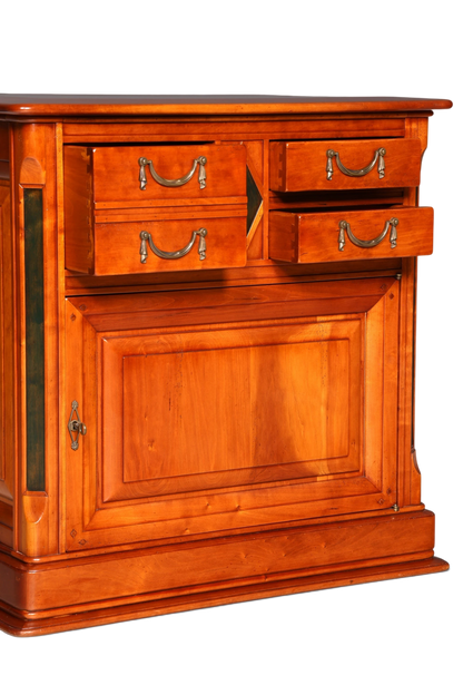 Hauptstadt Möblerei Kommode im Biedermeier Stil aus massivem Eibenholz mit Schubladen und antiken Messingbeschlägen