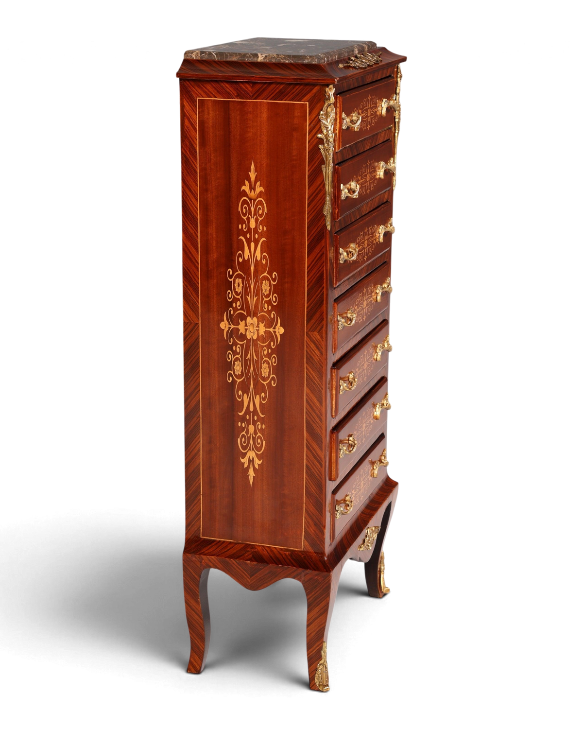 Wunderschönes Barock Stil Louis XV Highboard Marmor Vertiko Intarsien Kommode