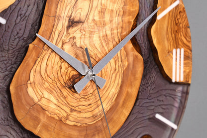 Stilvolle Handgefertigte Epoxidharz Wanduhr Olivenbaum Uhr grau Epoxy Analog Uhr