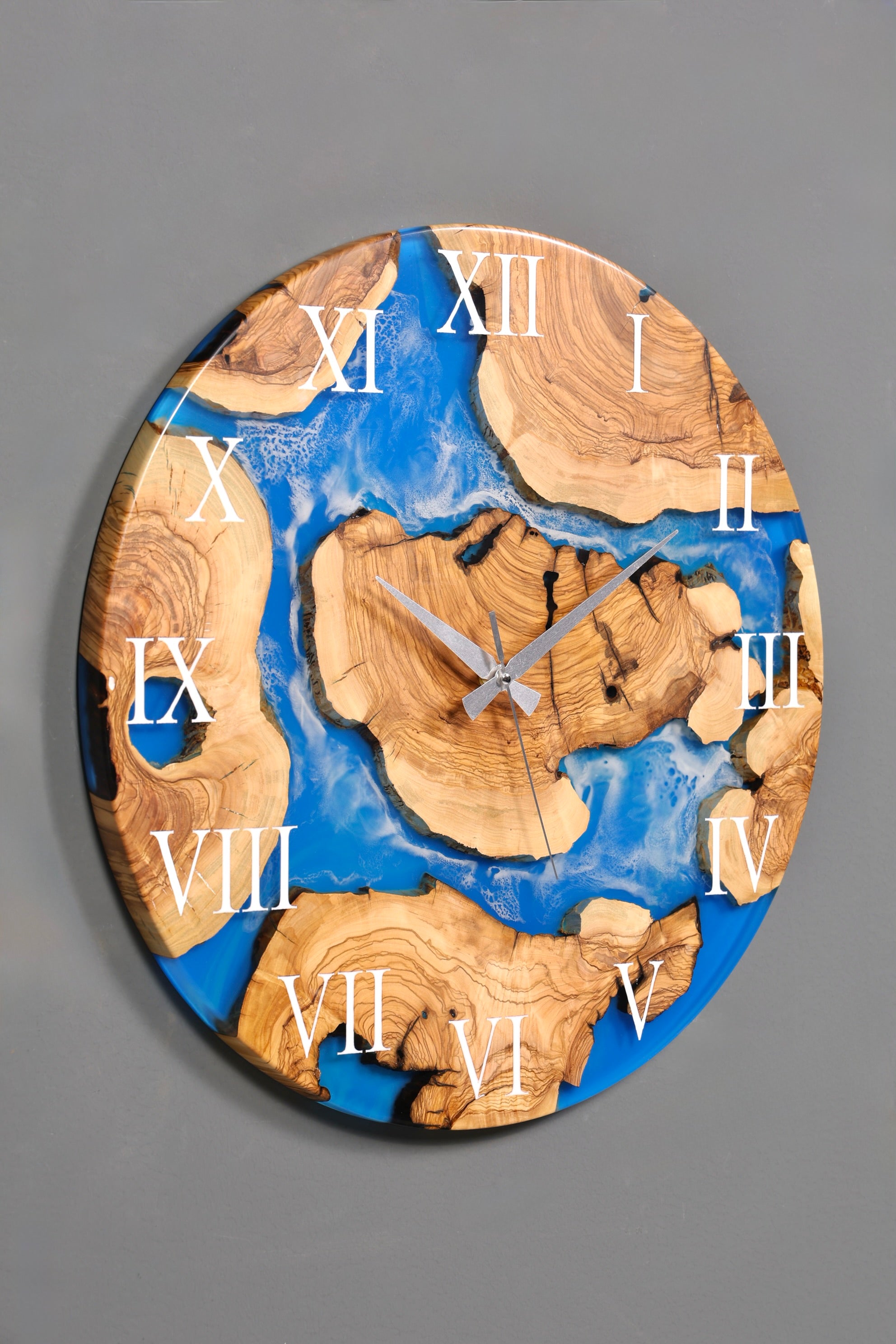 Wunderschöne Handgefertigte Epoxidharz Wanduhr Olivenbaum Blue Sea Uhr Epoxy Analog Uhr