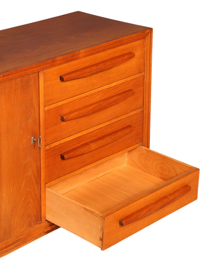 Hauptstadt Möblerei Mid Century Sideboard aus Echtholz mit drei Schubladen und Schranktür im Vintage-Stil