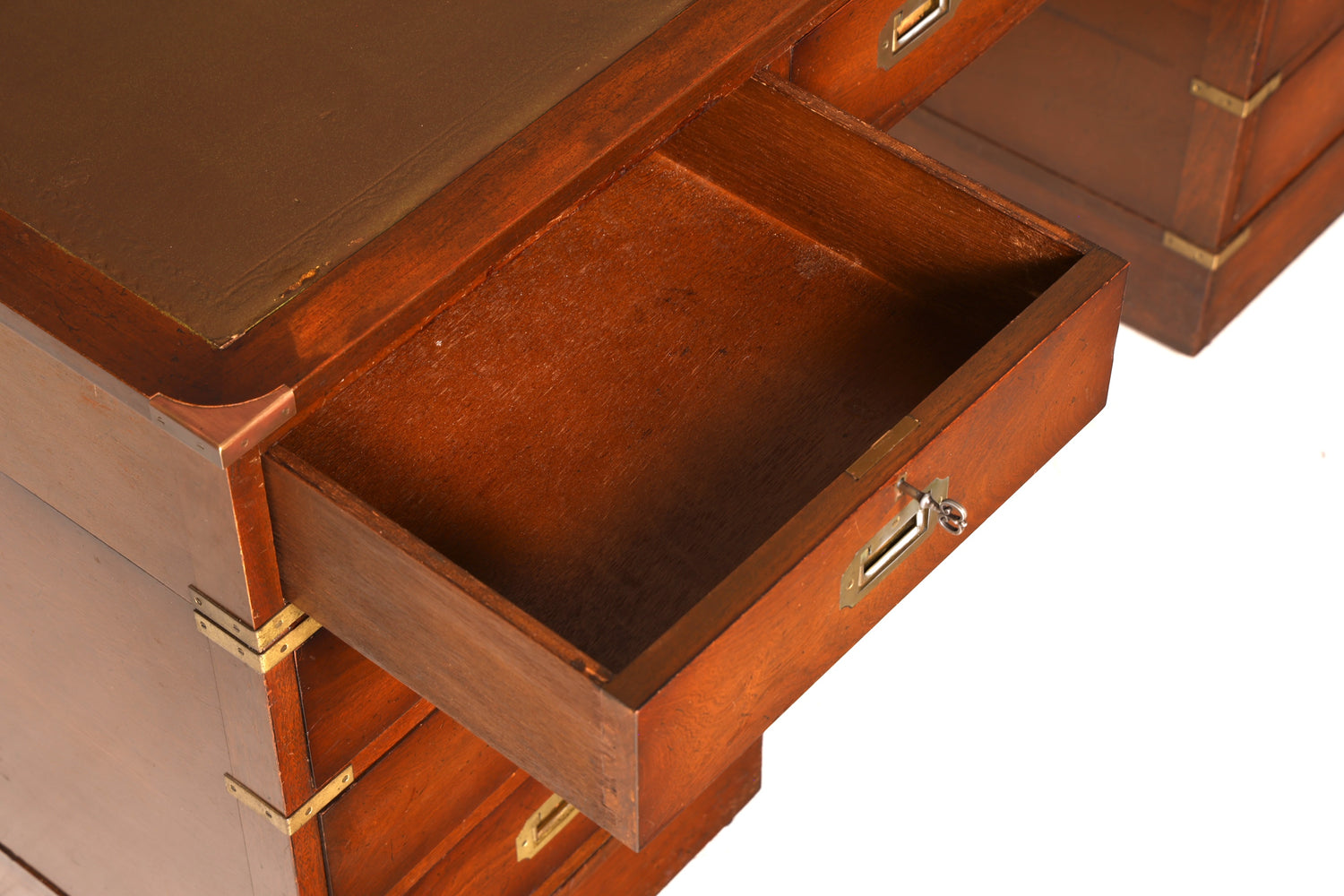 Stilvoller Maritimer Schreibtisch Englischer Military Chest Bürotisch Office Table mit echt Lederauflage