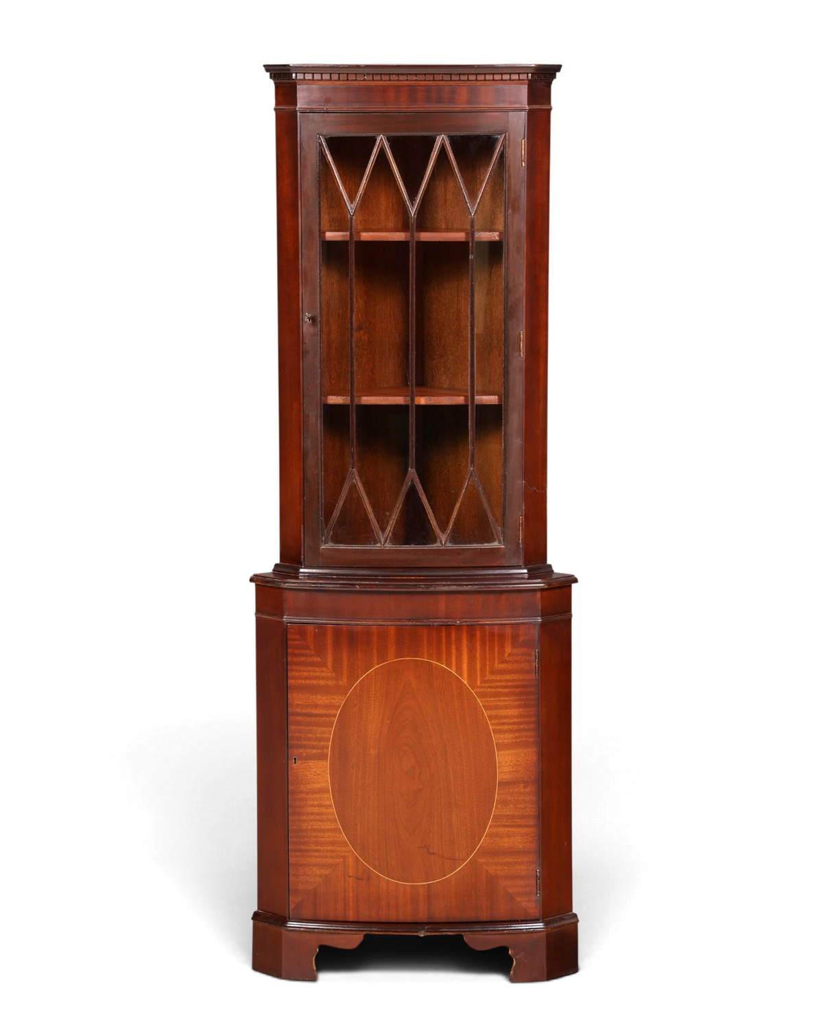 Hauptstadt Möblerei englische Eckvitrine aus Mahagoni mit verglaster Tür und eleganter Intarsienarbeit im Vintage-Stil