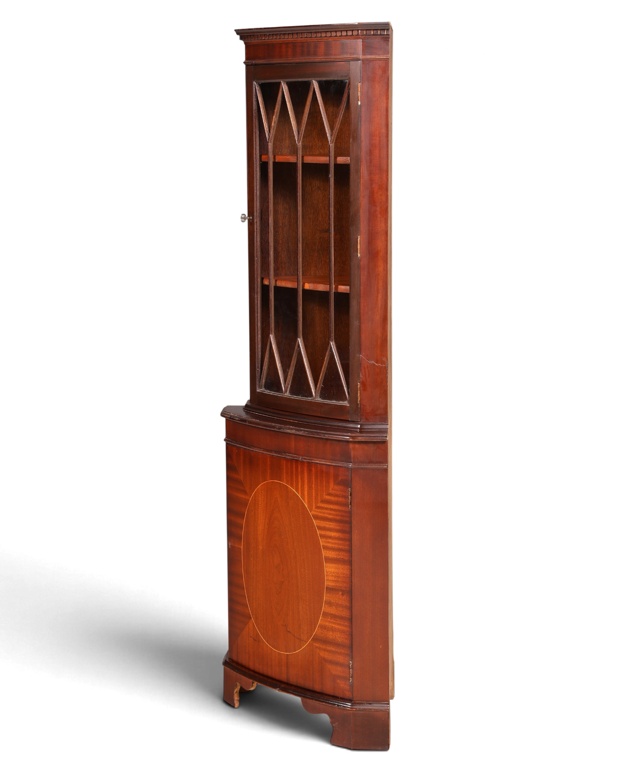 Hauptstadt Möblerei englische Eckvitrine aus Mahagoni mit verglaster Tür und eleganter Intarsie im Vintage-Stil