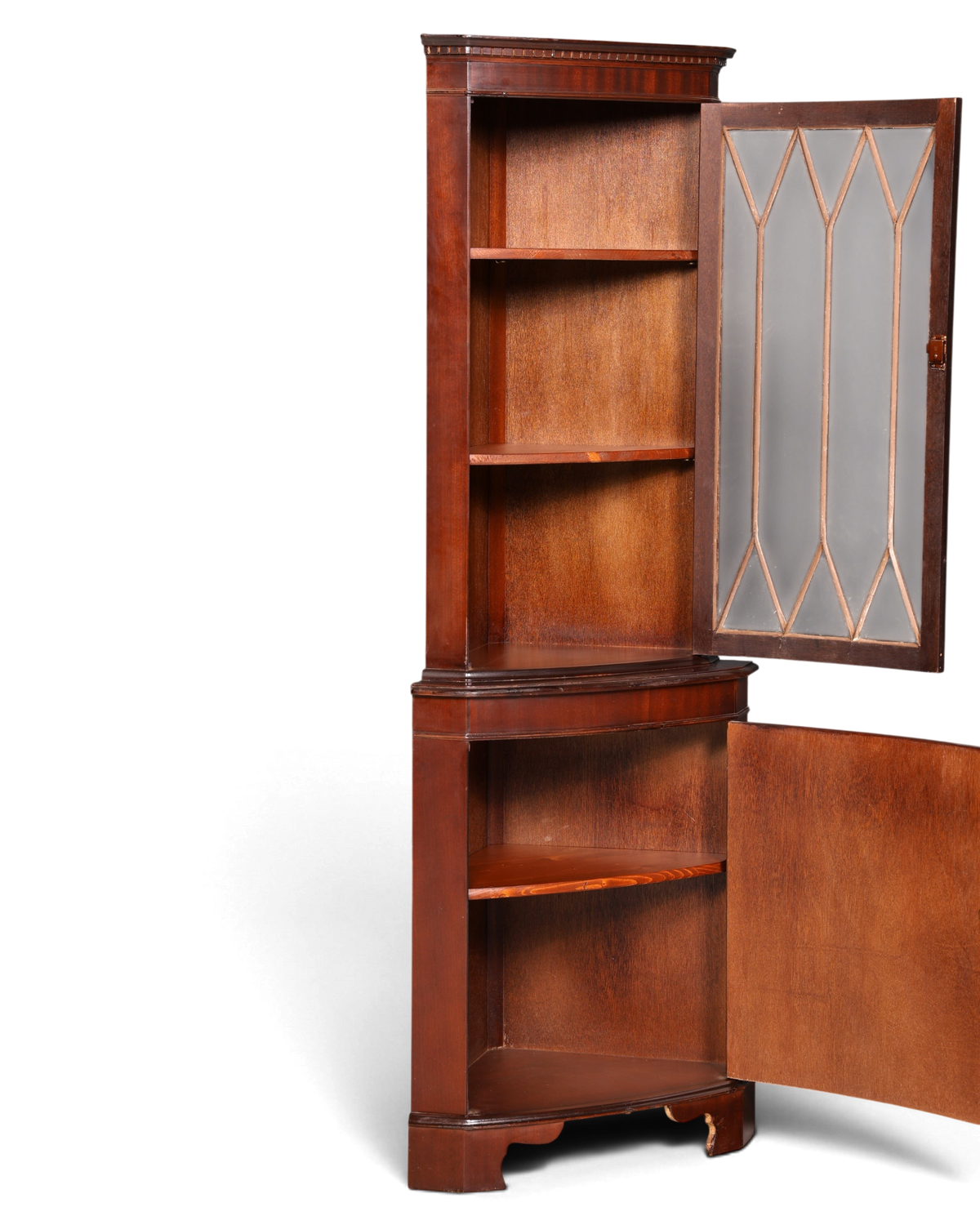 Hauptstadt Möblerei englische Eckvitrine aus Mahagoni mit verglaster Tür und Regalböden im Vintage-Stil