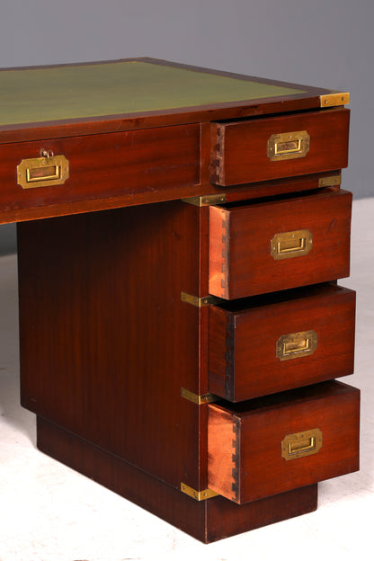 Edler Maritimer Schreibtisch Englischer Military Bürotisch Office Table mit echt Lederauflage