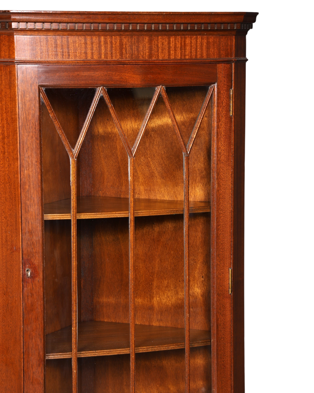 Hauptstadt Möblerei englische Eckvitrine aus Mahagoni mit verglaster Tür und feiner Holzmaserung im Vintage-Stil