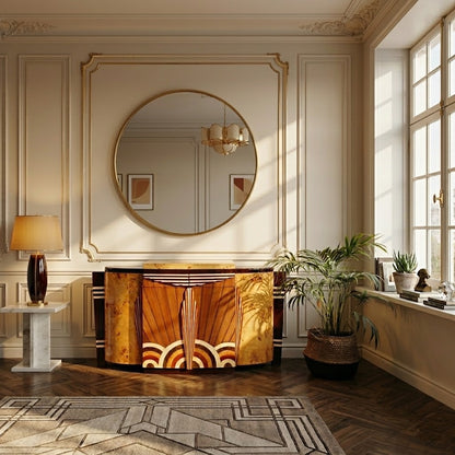 Art Deco Sideboard mit Intarsien in elegantem Wohnzimmer mit Spiegel und Parkettboden – Hauptstadt Möblerei Berlin