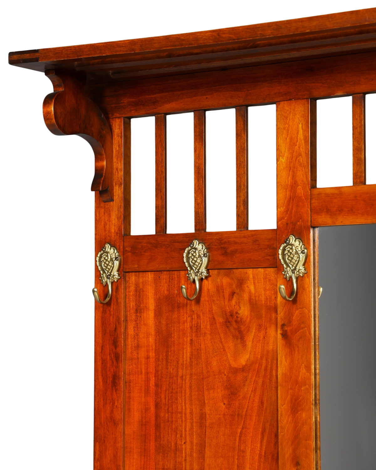 Hauptstadt Möblerei Jugendstil Wandgarderobe aus massivem Holz mit verzierten Messinghaken im Gründerzeit-Stil
