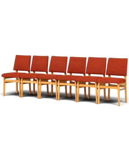 Hauptstadt Möblerei 6er-Set Mid Century Esszimmerstühle mit rotem Polster und hellem Holzgestell im 60er-Jahre-Stil