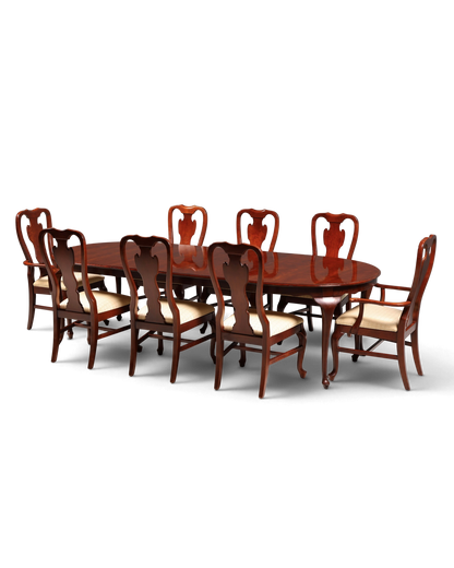 Hauptstadt Möblerei Drexel Heritage Esszimmerstuhl Set im Chippendale Stil aus dunklem Holz mit hellem Polsterbezug