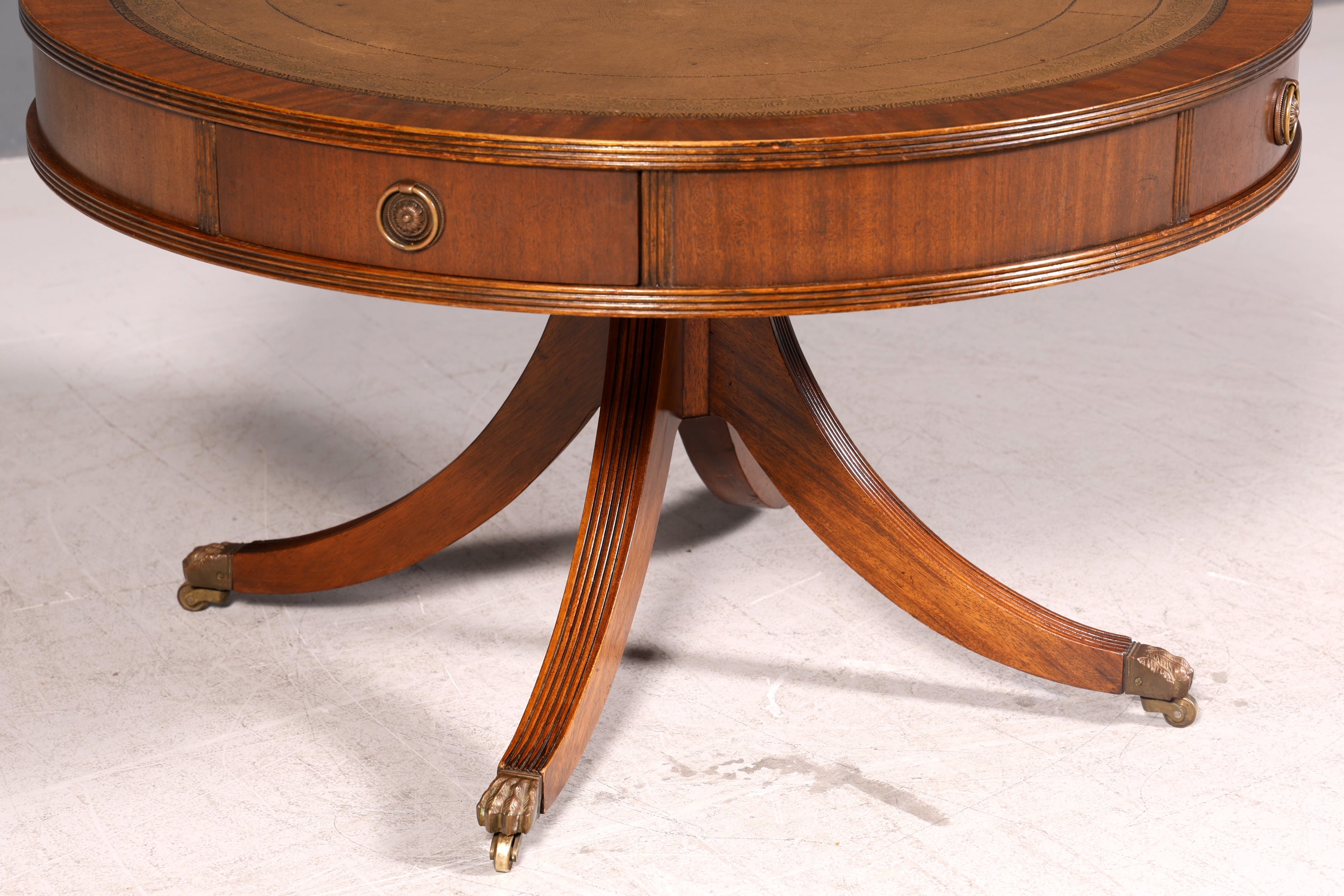 Wunderschöner Englischer Trommeltisch Couchtisch Mahagoni Regency Echt Lederauflage Drum Table Beistelltisch Antik Vintage