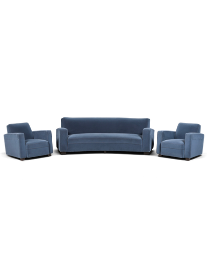 Hauptstadt Möblerei Sofa-Set in Blau mit zwei Sesseln und einem geschwungenen Sofa aus weichem Samtstoff