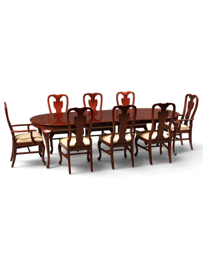 Hauptstadt Möblerei Set aus 6 Drexel Heritage Chippendale Stühlen aus Holz mit beigem Polster an einem Esstisch